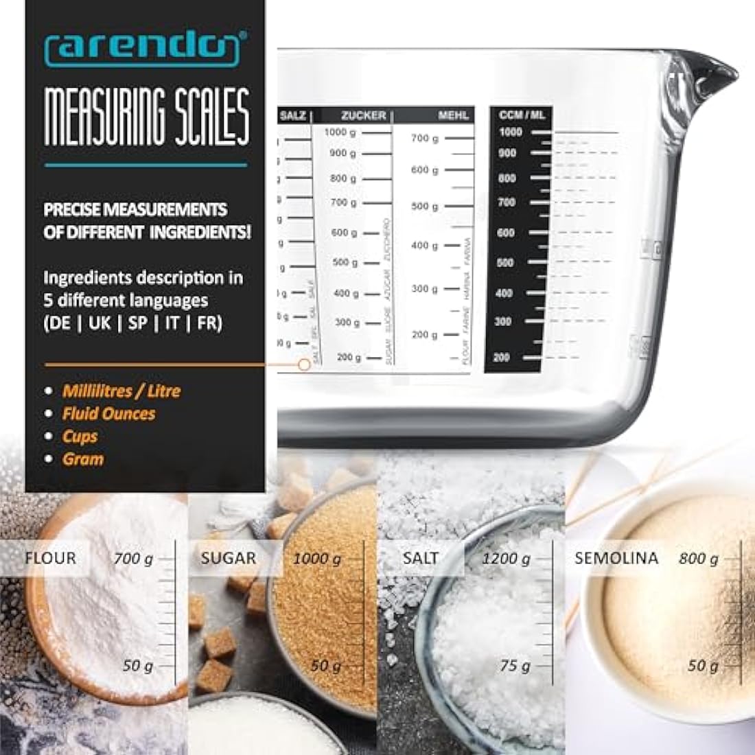 Arendo Set of Glass Measuring jugs, 250ml, 500ml, 1000ml (0.2l 0.5l 1l), Glass Measuring Cup, Transparent Borosilicate - Measuring jug, Accurate Scales, Microwave Safe