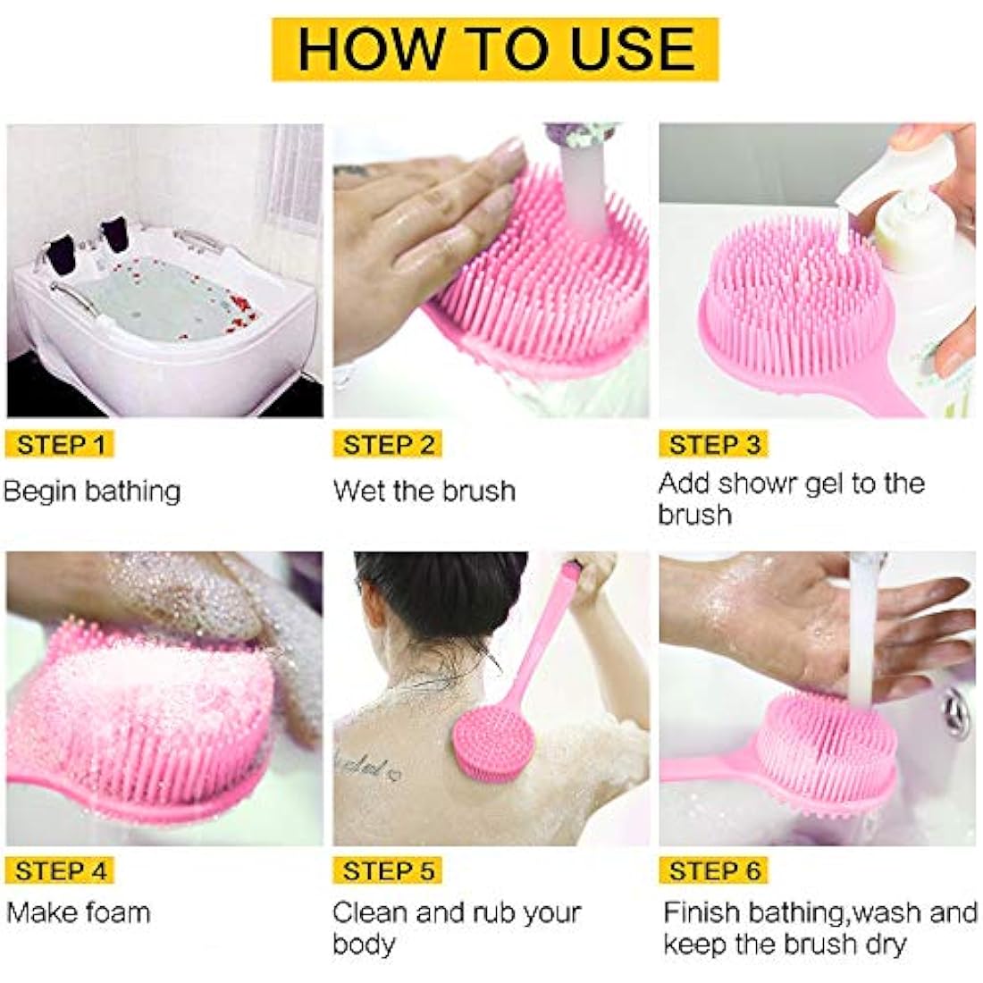 Ithyes Silicone Body Brush, Bath Brush Back Scrubber Long Handle Bath Shower Brush with Ultra Soft Bristles,Non-Slip,Pink