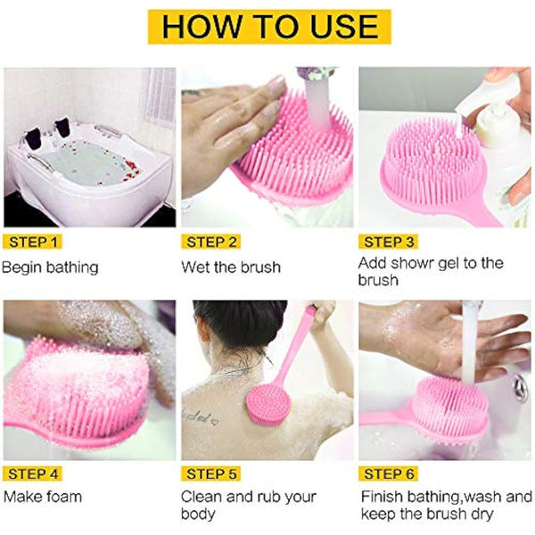 Ithyes Silicone Body Brush, Bath Brush Back Scrubber Long Handle Bath Shower Brush with Ultra Soft Bristles,Non-Slip,Pink