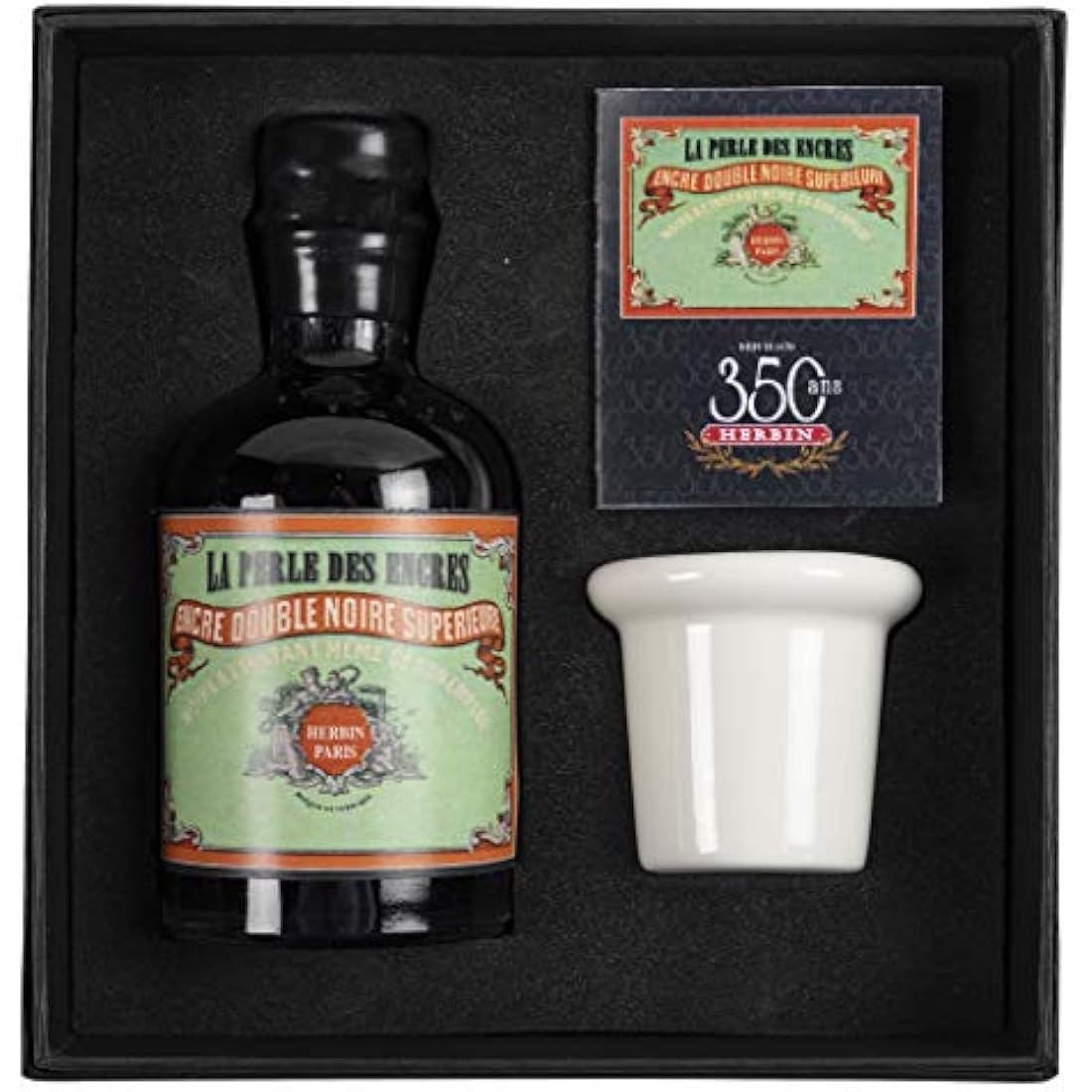 Jacques Herbin - Ref 27909T - 100ml Bottle of 'Special 350 Years' Ink with Inkwell Box & Porcelain Inkwell - Perle Noire / Black Pearl - Black-Coloured Ink