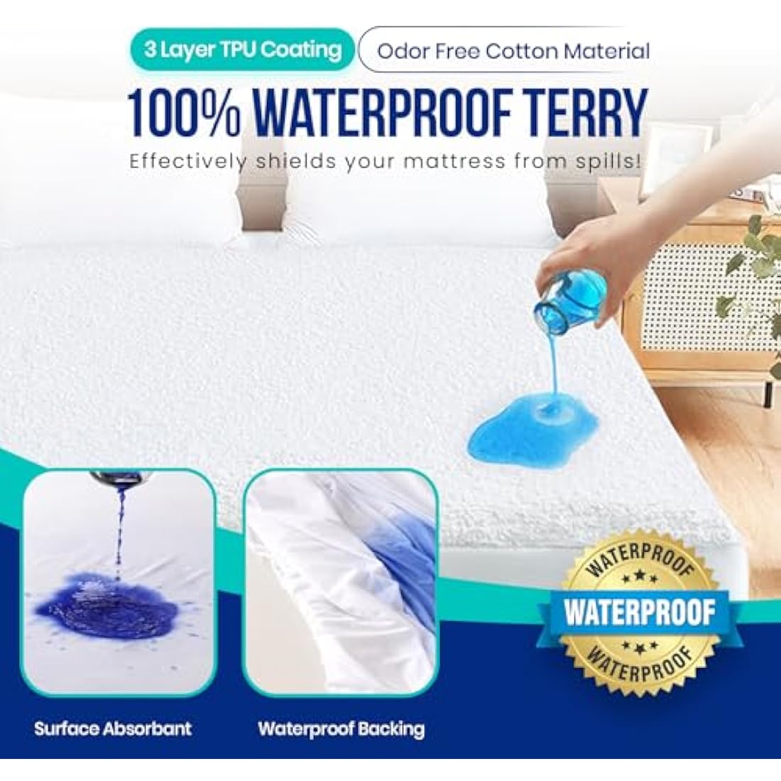 Sunshine Comforts 100% Waterproof Mattress Protector King | 30CM Extra Stretch Skirt Fitted Terry Towel | Breathable, Noiseless, Stain Proof, Hypoallergenic, Machine Wash Mattress Cover (150 x 190cm)