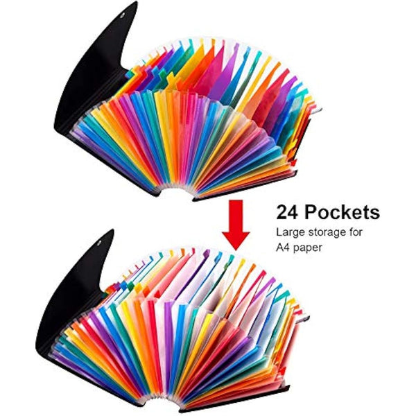 File Organiser, A4 Document Organiser 24 Pockets, Twill Expanding Accordion Filing Folders, File Storage Box with Lid, Labels and Clips (Black-C)