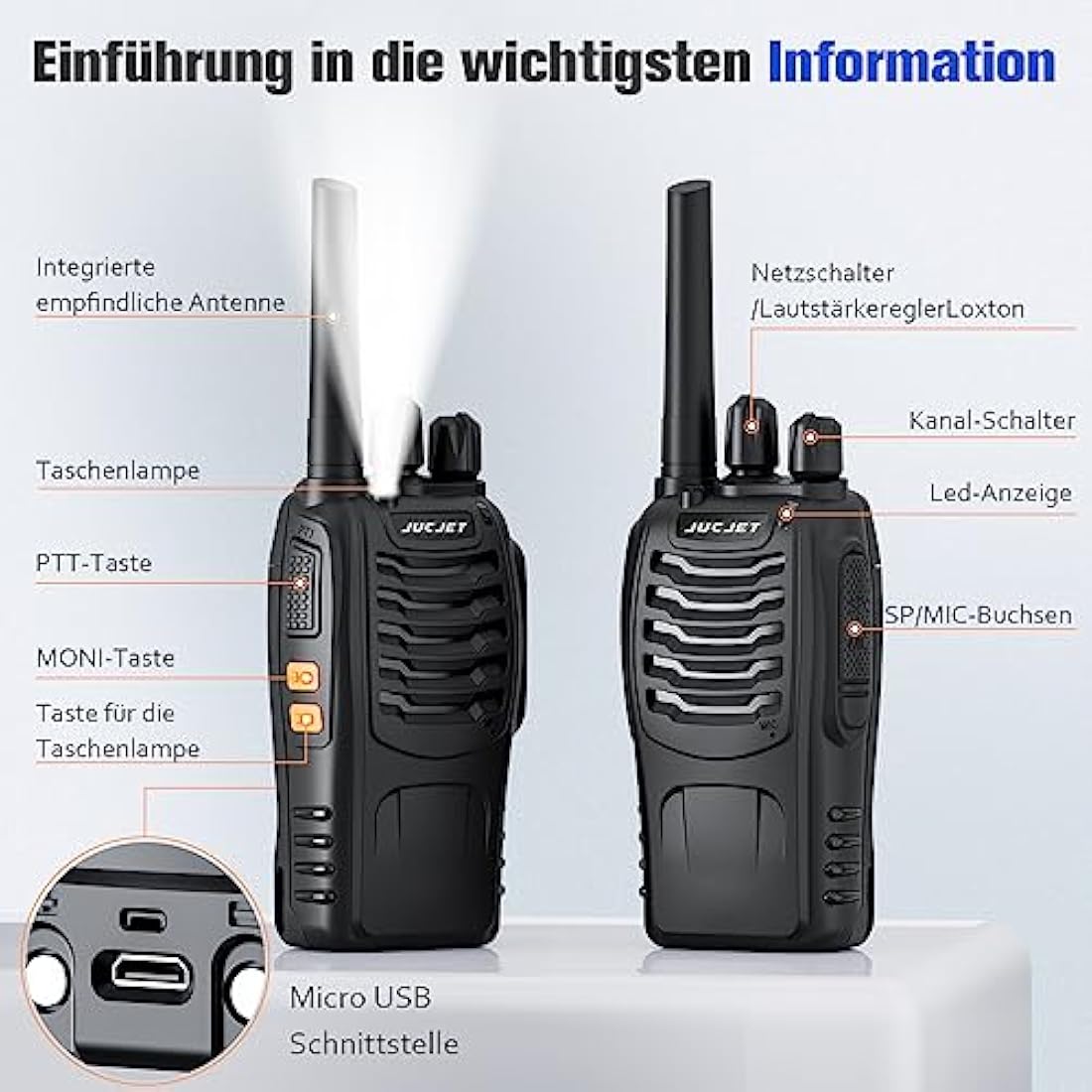 JUCJET 88E Walkie Talkie Long Range, Rechargeable 2 Way Radio for Adults with 16 Channels, VOX, USB Charging Base, PMR446 License-free, Handheld Walkie Talkie Rugged for Rescue, Security (6 Pcs)