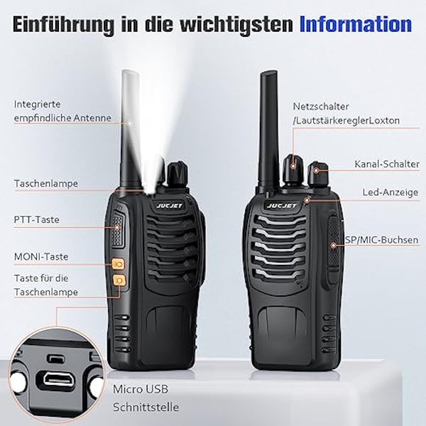 JUCJET Walkie Talkies 2023 Upgraded 88E Walkie Talkie Long Range for Adults with Earpieces, 16 Channel Handheld 2 Way Radio Rechargeable with Flashlight Li-ion Battery and Charger(4 Pack)
