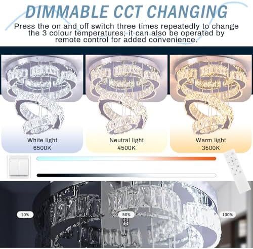 FRIXCHUR 15.7" Flower Crystal Chandelier Modern LED Flush Mount Ceiling Light 2 Rings Pendant Lights Chandeliers for Living Room Dining Room Bedroom (Dimmable)