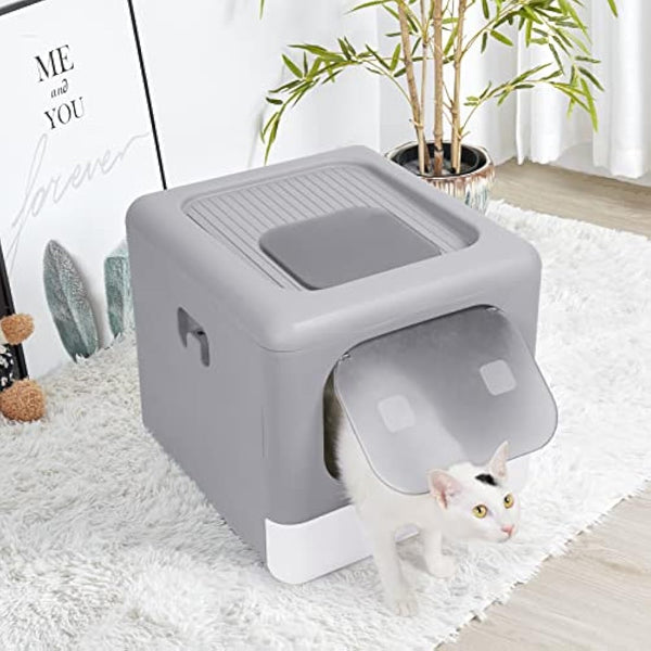 BingoPaw Cat Litter Tray Box: Foldable Top Entry Large Cats Toilet with Lid - Hooded Kitten Litter Tray Easy Cleaning Drawer Design with Scoop Grey