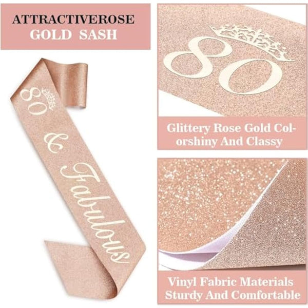 Amosking 80th Birthday Decorations for Women, Including 80th Birthday Sash and Tiara, Cake Topper and Candles, Rose Gold Number Balloons, 80 Year Old Gifts for Women