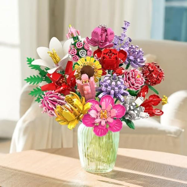 HOGOKIDS Flower Bouquet Set for Mother's Day - 1464PCS Artificial Flowers Botanical Collection | 18 Sticks Ideas Bouquet Gift for Her and Him Decorative Home for Adults Teens Girls Ages 8+
