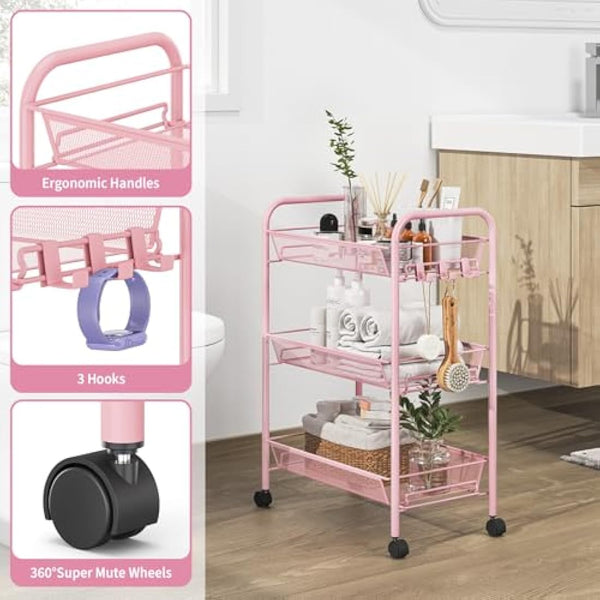 APEXCHASER 3-Tier Rolling Cart,Easy Assemble Mobile Storage Trolley On Wheels,Slide Out Utility Cart Shelving Units Kitchen Bathroom Laundry Room,Pink