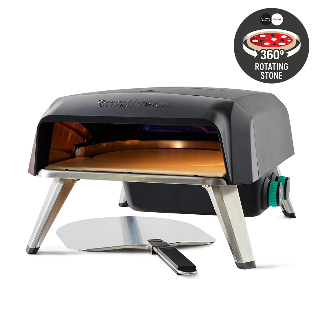 Jamie Oliver by Tefal Outdoor Gas Pizza Oven, Rotating Stone for Homemade Pizza, Pizza Parties, includes Pizza Peel, Gas Hose and Regulator, portable, foldable legs, black JM4168G0