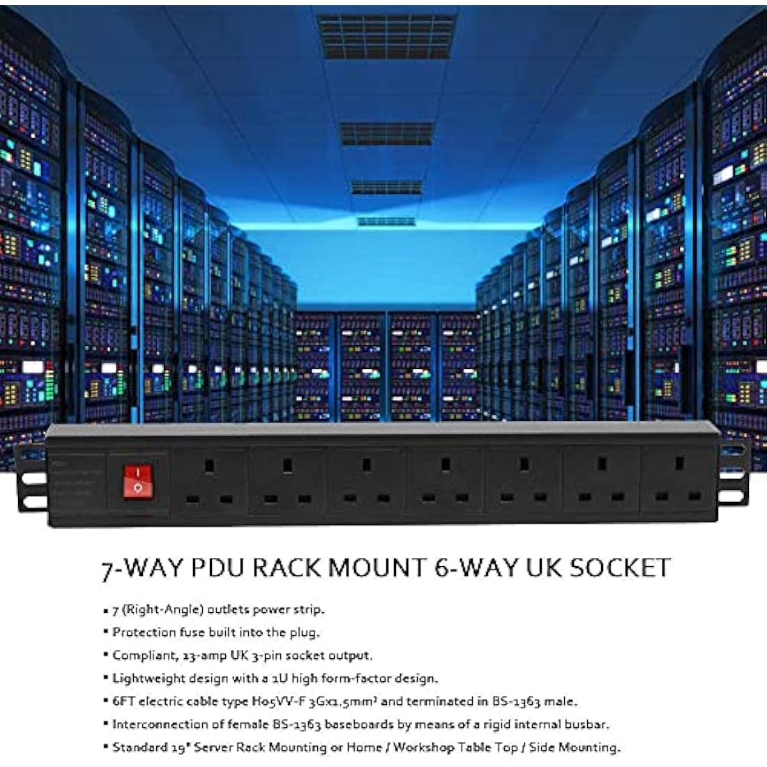 Extension Lead Power Strip, THOWALL 7 Way Extension Plug Sockets with Cable, Wall Mountable Power Socket, 13amp Power Distribution Unit Rack Mount with Mounting Brackets, Surge Protection,1,8M