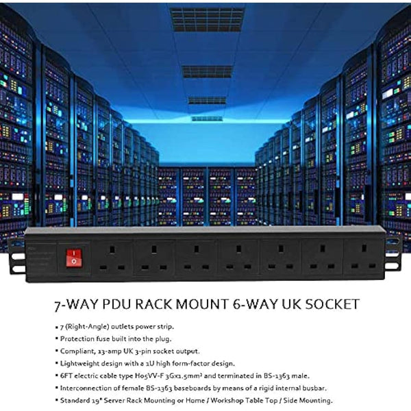 Extension Lead Power Strip, THOWALL 7 Way Extension Plug Sockets with Cable, Wall Mountable Power Socket, 13amp Power Distribution Unit Rack Mount with Mounting Brackets, Surge Protection,1,8M