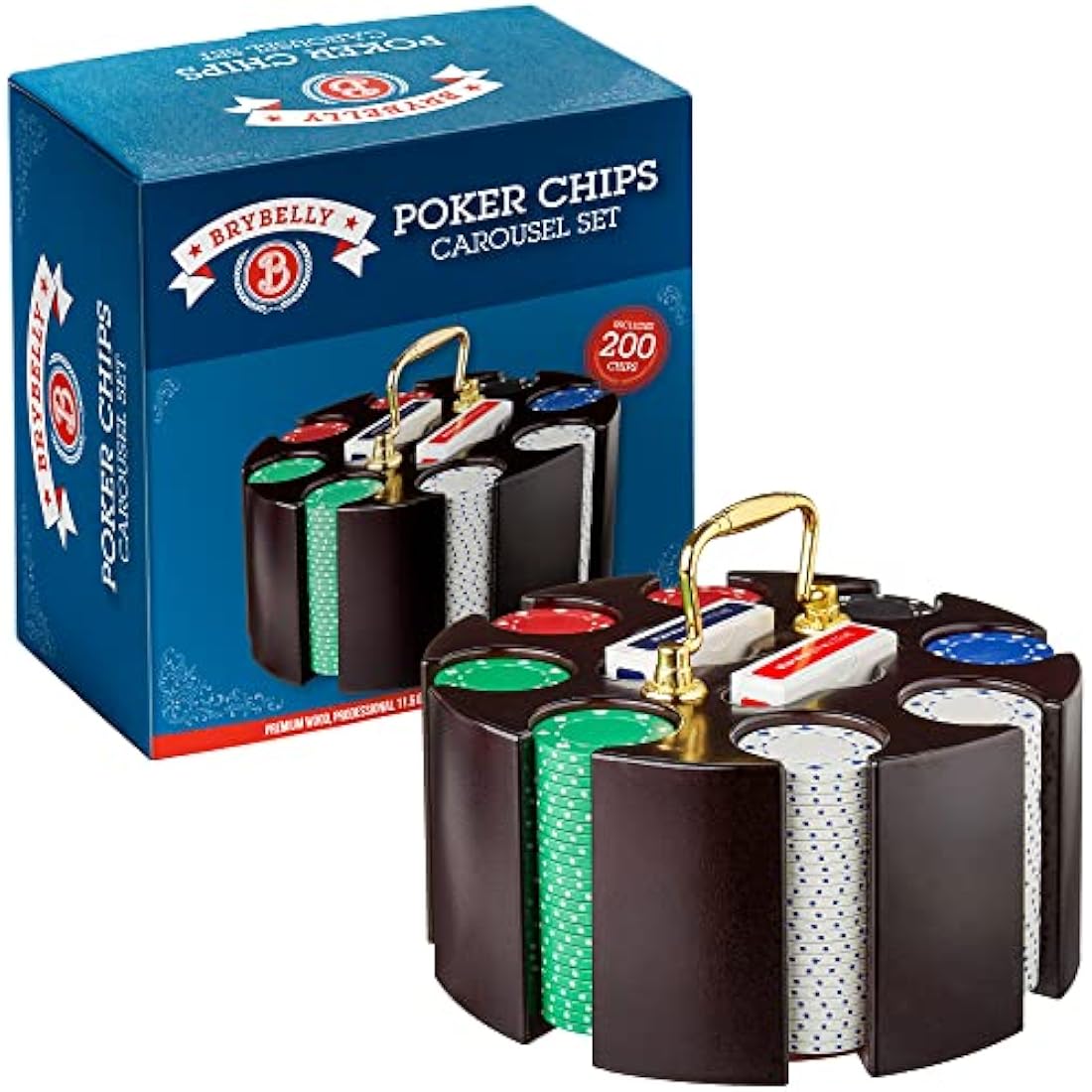 11.5 Gram Suited Poker Chip Set in Wooden Carousel and Gift Quality Retail Packaging by Brybelly
