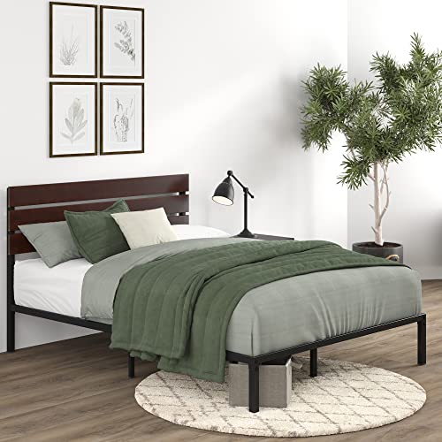 Zinus Figari Double Bed frame - Bed 135x190 cm - 31 cm Height with Underbed storage - Sustainable Bamboo and Metal Platform Bed frame with Slatted Headboard - Brown and Black