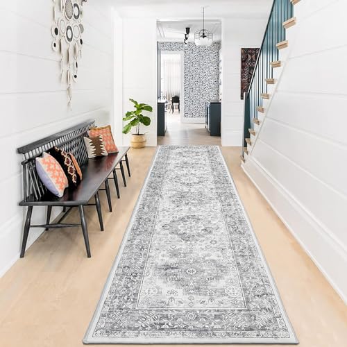 Enyhom Carpet Runners, 60 x 240 cm Grey Extra Long Runner Rugs for Hallway Non Slip Laundry Room Area Rug Runner Machine Washable Kitchen Floor Mat