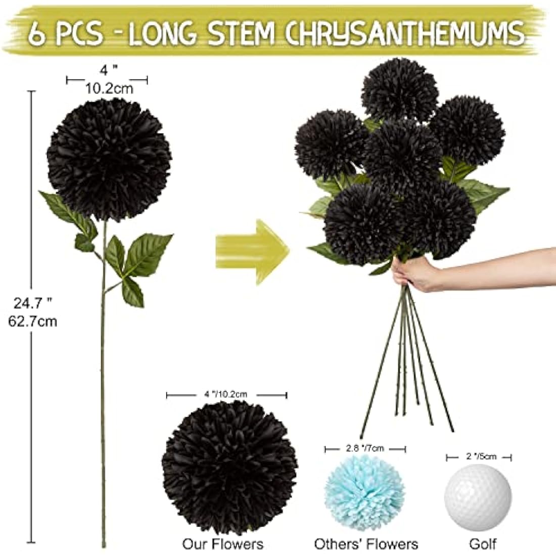 4'' Large Artificial Chrysanthemum Flowers with 24.7'' Long Stem, 6 pcs Black Fake Silk Flowers Faux Ball Flowers for Home Decor, Bridal, Wedding, Party, Garden, Floral Arrangement