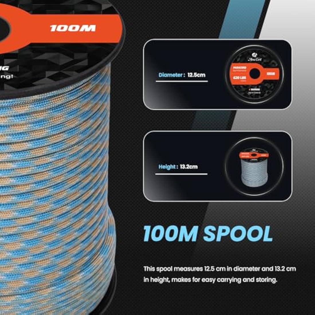 Abma Cord Paracord 4mm 100m 100% Nylon Rope 9 Strands Type III Parachute Cord for DIY, Camping, Survival, Outdoor - Max. 280kg - Carolina Beach