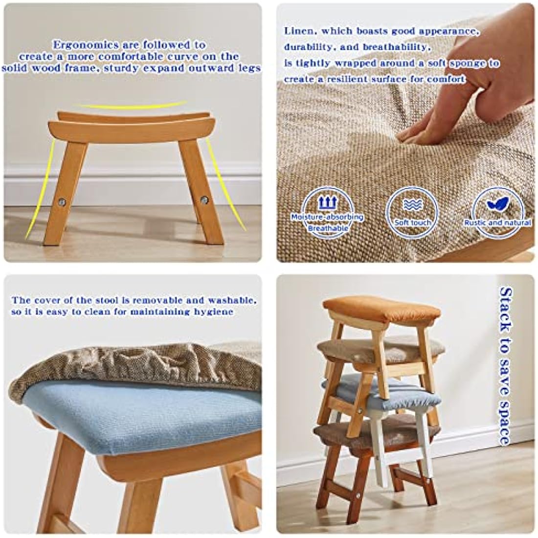 Aibiju Wooden Footstool, Foot Stool Ottoman Pouffe Padded Chair Stool with Removable Cover 4 Beech Legs Suitable for Bedroom, Living Room and Kitchen, (Natural leg + Beige cushion), YDEU-1358
