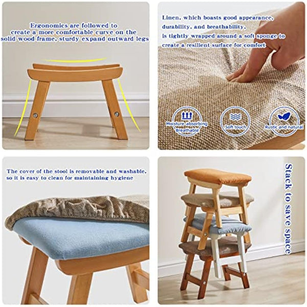 Aibiju Wooden Footstool, Foot Stool Ottoman Pouffe Padded Chair Stool with Removable Cover 4 Beech Legs Suitable for Bedroom, Living Room and Kitchen, (Natural leg + Beige cushion), YDEU-1358