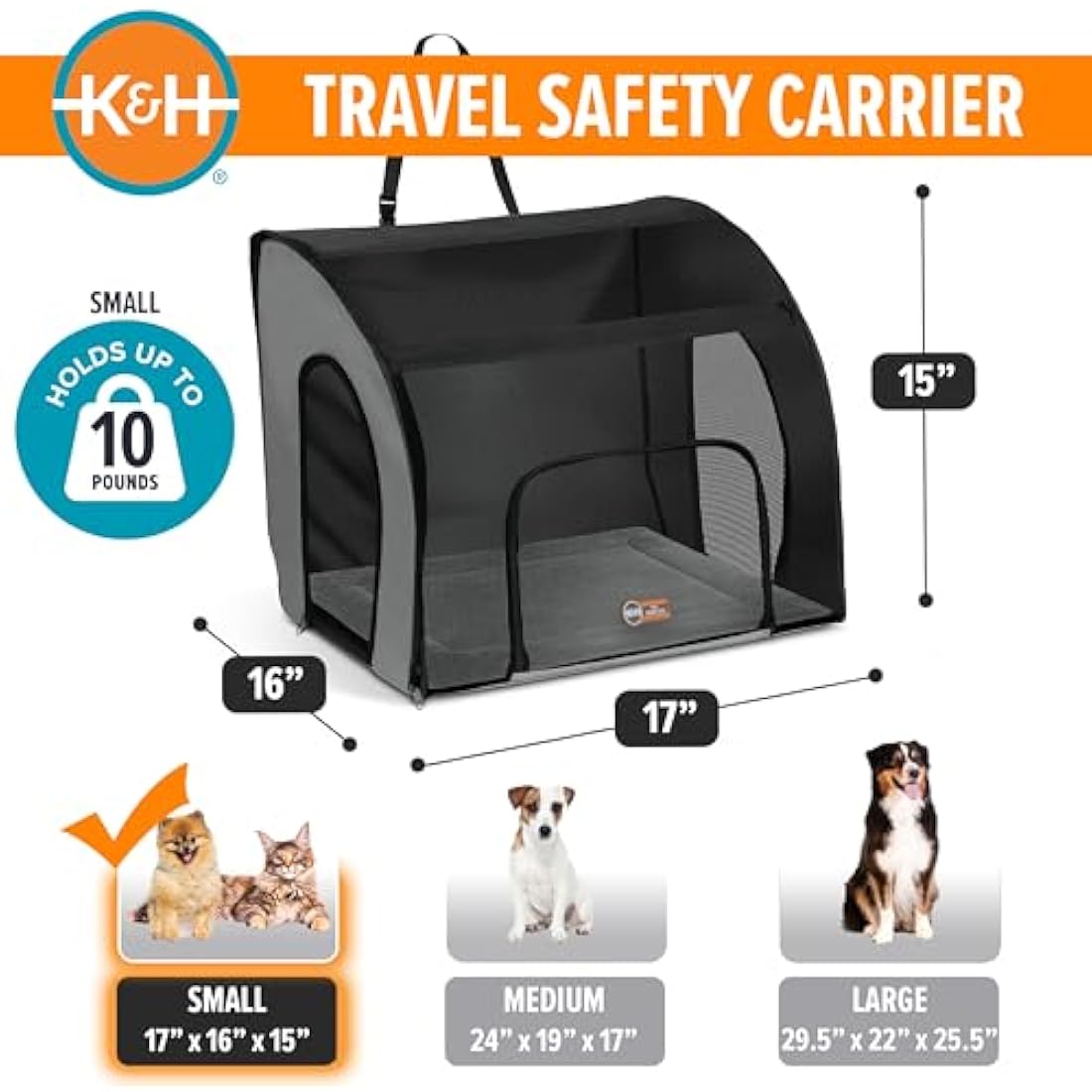 K&H Pet Products Travel Safety Carrier for Pets, Dog Crate for Car Travel, Soft-Sided Carrier for Cats and Small Dogs, Portable Car Seat Kennel, Gray/Black Small 17 X 16 X 15 Inches