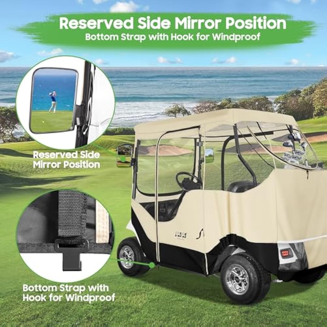10L0L Golf Cart Enclosure Fit for 2 Passengers EZGO TXT RXV,600D Waterproof Snowproof Golf Buggy Keep Warm Cover, 2 Door Zippers 4-Side Clear Window and 4 Windproof Hooks Golf Cart Rain Cover, Black
