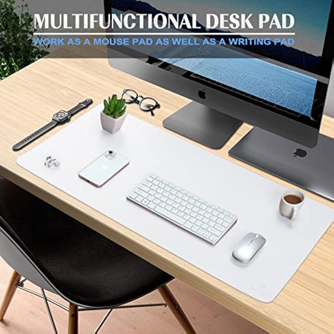 K KNODEL Large Office Leather Desk Mat, Mouse and Keyboard Pad, Computer and Laptop Mat, Desktop Protector and Cover, Writing Pad and Blotter (90x43cm, White)