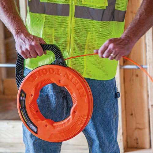 KLEIN TOOLS 56382 Fish Tape, Multi-Groove Fiberglass Wire Puller with Nylon Tip, Optimized Housing and Handle,Orange/Black, 15 m