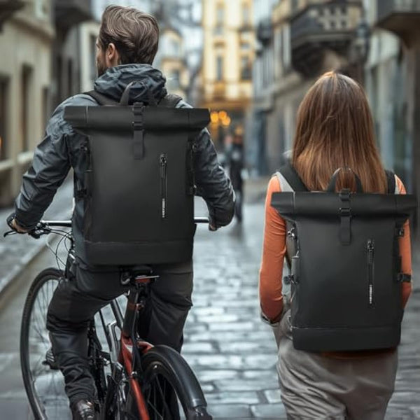 hk Roll Top Backpack Large Laptop Backpack 15.6'' USB Port Water-resistant Anti-theft Rucksack Travel Hiking Camping College School Work (27L Black)