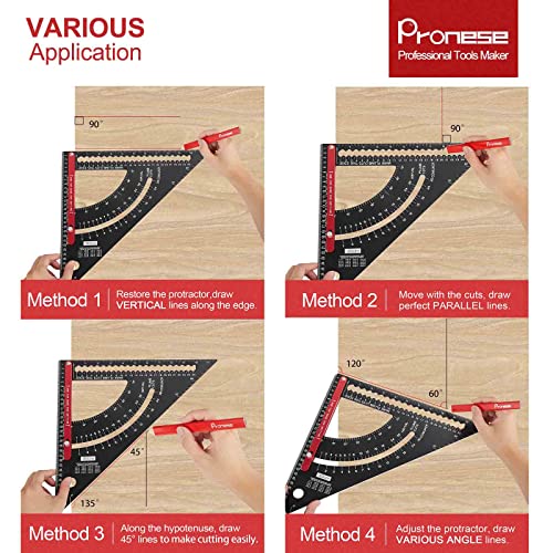 Pronese Adjustable Roofing Square 12-Inch, Aluminum Alloy Rafter Square, Metric & Imperial Carpenter Square Set, Precision Speed Square Carpenter Pencils Woodworking Tool Set