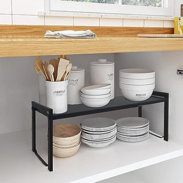 Goodsnetic Expandable Cabinet Shelf 13.8~26"(L), Stackable Kitchen Counter Organizer, 33LBS Heavy Duty Riser, Countertop Storage Pantry shelf, Durable Metal Sink Shelf (Black L)