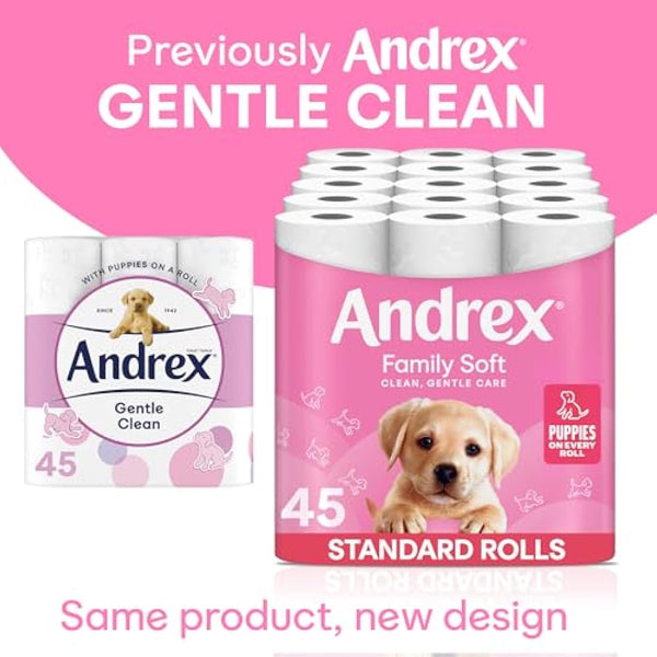 Andrex Family Soft Toilet Tissue 45 Rolls (Previously Andrex Gentle Clean) Gentle on your Family’s skin– Bulk Pack of 45 Toilet Rolls, FSC Certified