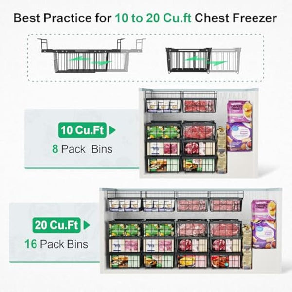 iSPECLE 2 Pack Hanging Freezer Baskets - Fit 283 to 566L Depp Freezers, Expandable Large Chest Freezer Baskets Add Space Easy Slide to Get Bottom Food, Black