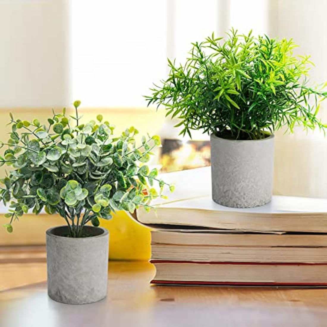 4 Set Artificial Plants Indoors in Pots, Plastic Fake Plants Potted, Eucalyptus, Rosemary, Small Succulents Faux Plants for Office Desk Bedroom Kitchen House Decoration