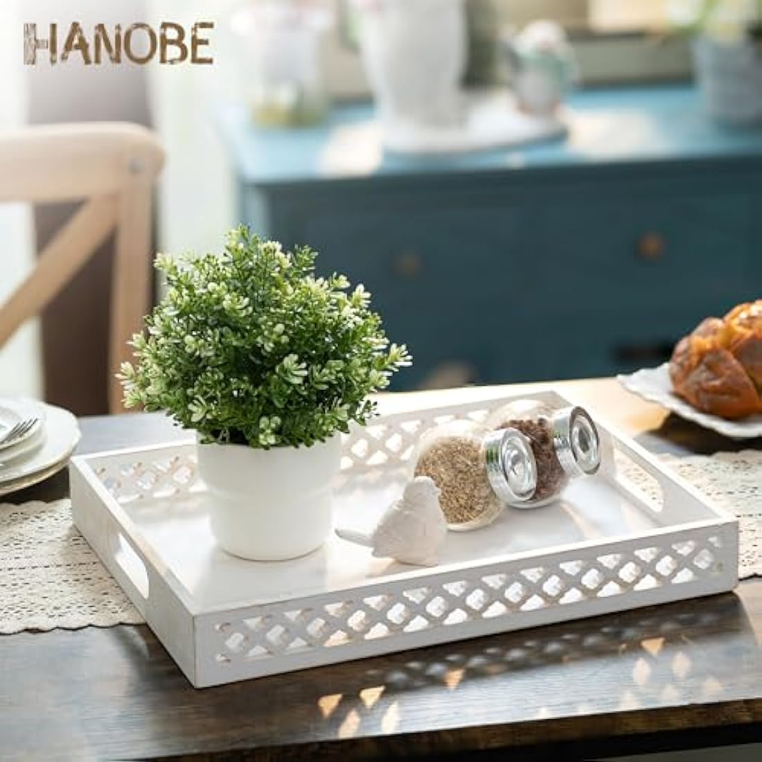 Hanobe Wooden Serving Decorative Tray: White Coffee Table Centerpiece Wood Trays with Handles for Ottoman Rectangle Large Farmhouse Home Decor, Hand Carved