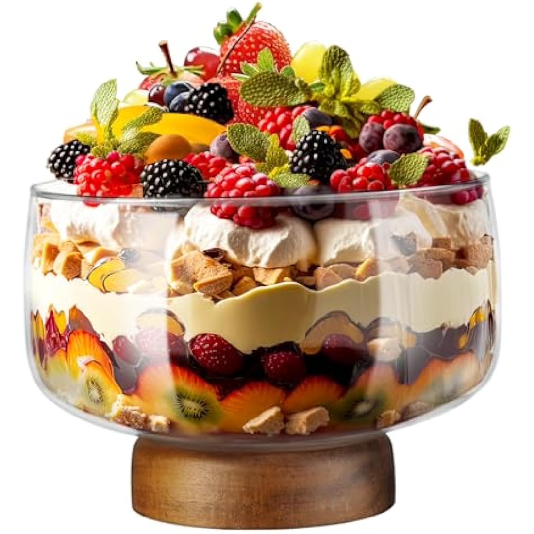 NiHome 123oz/3.6L Large Glass Trifle Bowl with Elegant Acacia Wood Stand, Versatile Serving Dish for Cakes, Salads, Desserts, Stylish Display for Parties, Weddings, Special Occasions