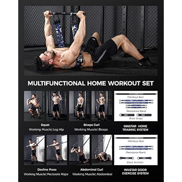 INNSTAR Portable Home Gym Set with Workout Bar, Bench Press Set, Squat Resistance Band, Door Anchor and More-Full Body Workout Equipment to Build Muscle and Shape Body