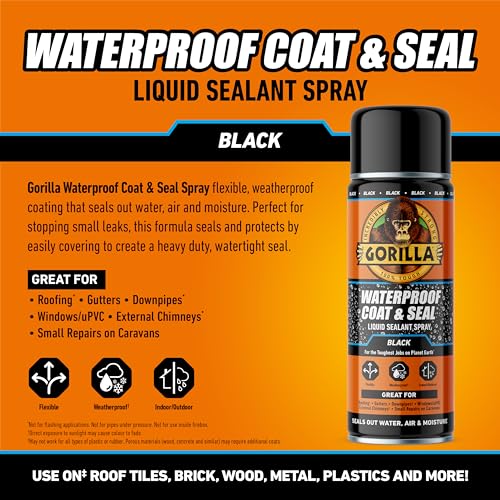 Gorilla Waterproof Black Coat & Seal Spray, 450ml – Flexible, Weatherproof Liquid Sealant | Seals out Water, Air & Moisture | For Roof Tiles, Brick, Wood, Metal, Concrete, Stone, Rubber, Plastics*