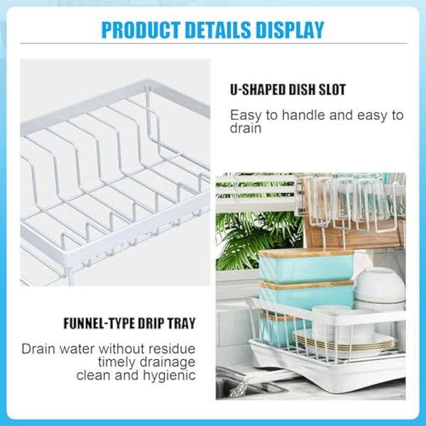 7 code Large Dish Drying Rack for Kitchen Counter,Detachable Large Capacity Dish Drainer Organizer with Utensil Holder,2-Tier Dish Drying Rack with Drain Board,White