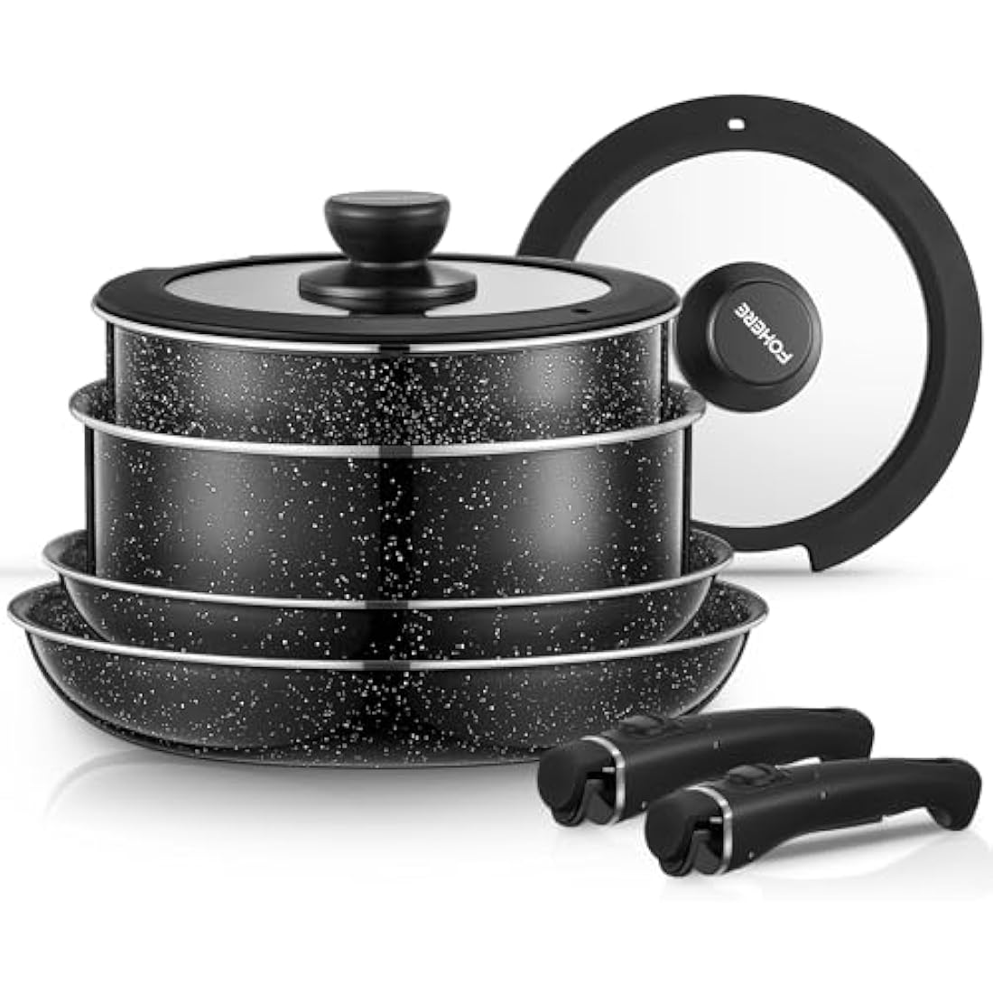 FOHERE Pots and Pans Set Nonstick, 8 Piece, with 2 Detachable Handles and 2 Lids, Induction Kitchen Cookware Set for All Stoves, Oven Safe, Saucepan and Frying Pan, RV Cookware, Aluminum