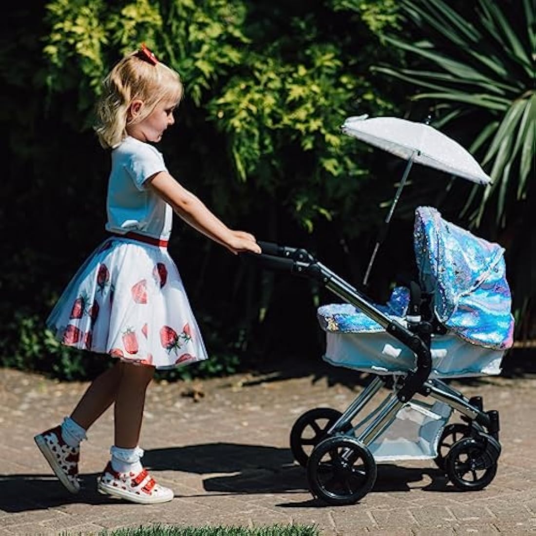 Roma Polly Single Dolls Pram - 2-in-1 Mermaid Dolls Pushchair for 3-9 Years, Lightweight Frame, Adjustable Handle, Carry Cot, Shopping Basket, Coordinating Bag, For Dollys or teddies up to 42cm