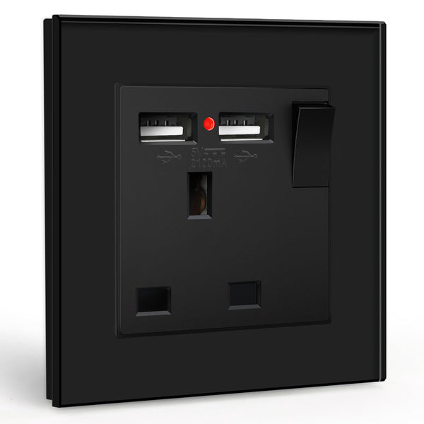 BSEED Double Socket 13A with LED Indicator, Double Switched Wall Socket 2 Gang UK Standard, Electric Switched Plug Power Wall Outlet with Glass Panel, Grey