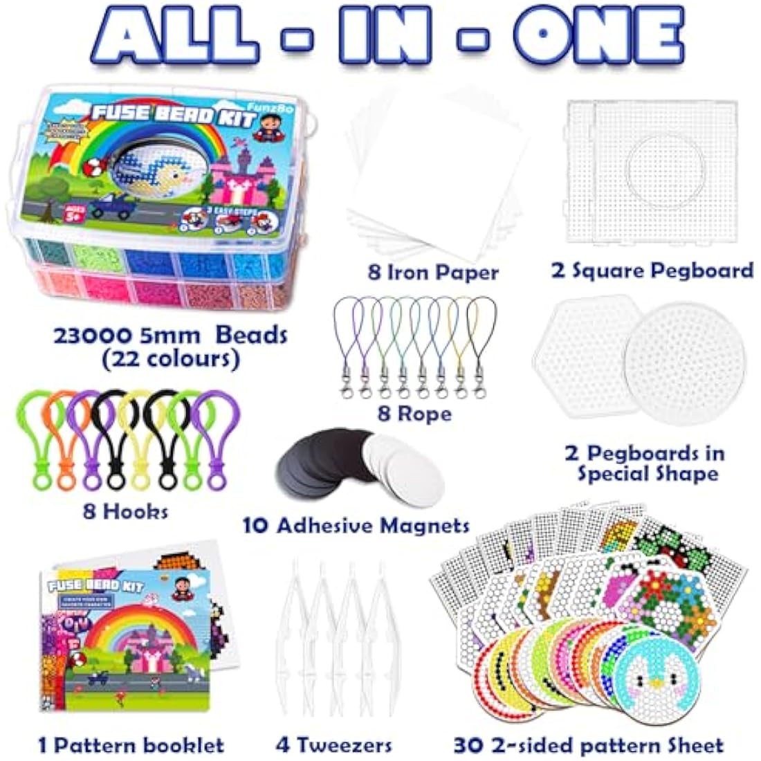FunzBo Fuse Beads for Kids - 23000PCS 5mm Bead 106 Patterns Fusebead Melty Fusion Colored Arts and Crafts Set for Boys Girls Age 4 5 6 7 8 Year Old Brithdays Gifts for Kids (Mega)
