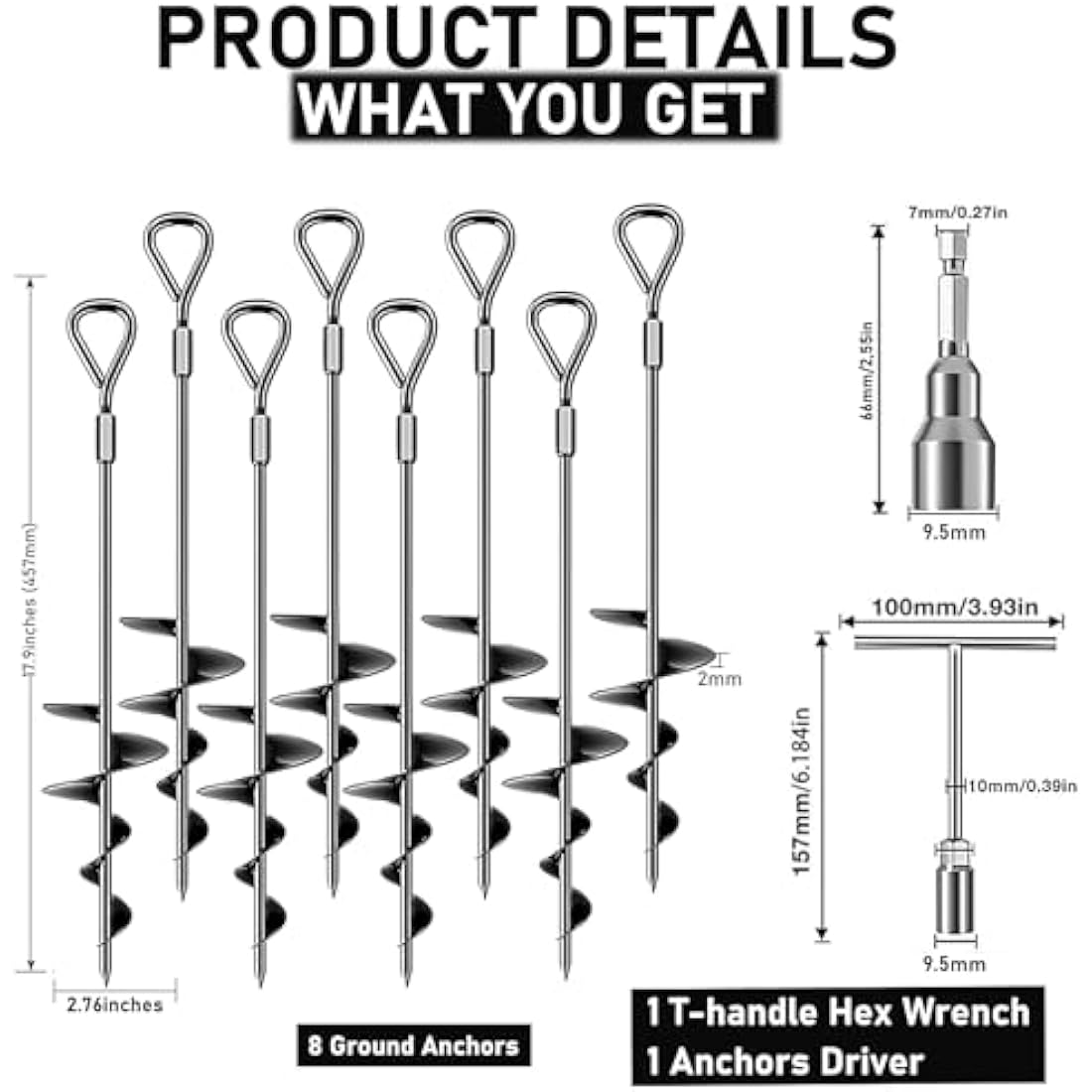 Ground Anchor 8 Pack, 45cm Tall Heavy Duty Ground Pegs Kit Fit for Swing, Trampolines, Tents, Mobile Home Anchors, Awning Pegs Anchor, Dog Spikes for Ground