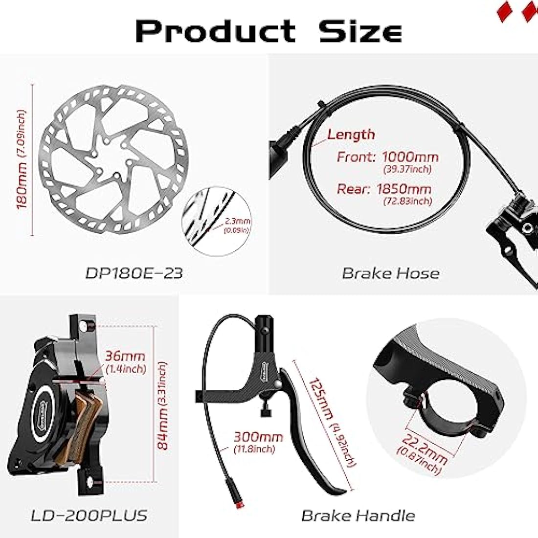 DYISLAND E-Bike Hydraulic Disc Brake Set 4-Pistons/2-Pistons, 2-PIN/3-PIN Pre-Bled with Mineral Oil Brakes Kit，Front and Rear Set，with 180mm 2.3mm Thick Rotors