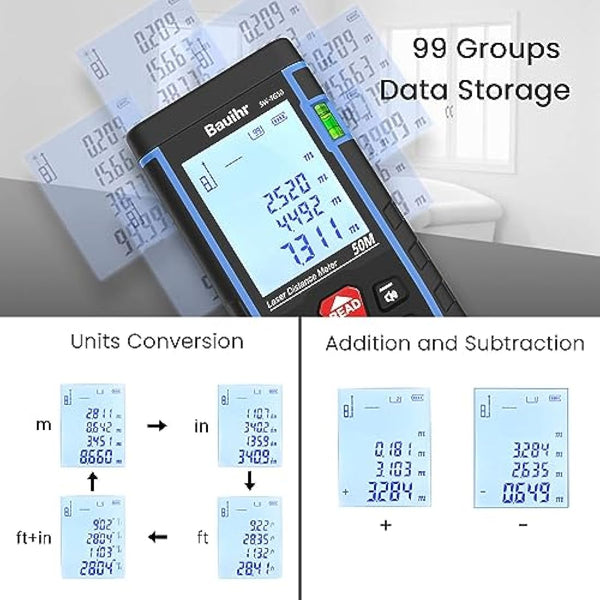 Bauihr Laser Measure Device, 50M/165ft Laser Distance Measure with 2 Bubble Levels, Portable Lazer Measurement Tool with Large Backlit LCD Display, Waterproof IP54, Battery Included