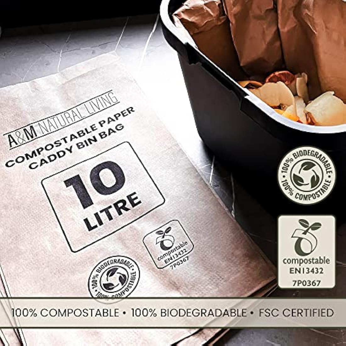 A&M Natural Living 150 x 10 Litre Paper Food Waste Caddy Bin Liners Bags, 100% Compostable And Biodegradable Sustainable Brown Paper Sack Pack, EN13432 Certified (150 Bin Bags)