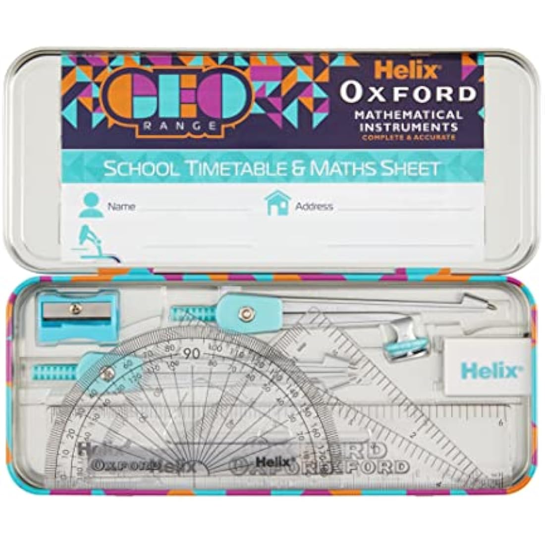 Helix Oxford Geo Complete Maths and Stationery Set - Oxford Maths Set, 30cm Folding Ruler, Ballpoint Pens, Eraser, Exam ready clear Pencil Case, Pencils - Orange Geometric Design