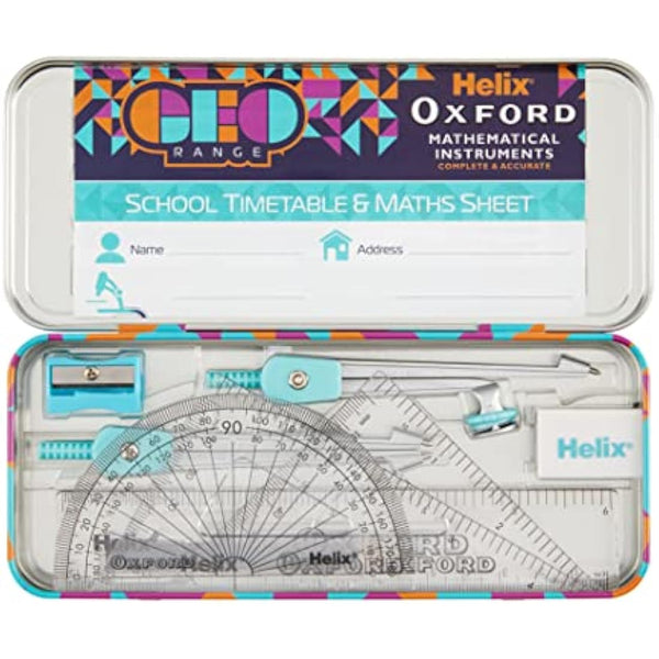 Helix Oxford Geo Complete Maths and Stationery Set - Oxford Maths Set, 30cm Folding Ruler, Ballpoint Pens, Eraser, Exam ready clear Pencil Case, Pencils - Orange Geometric Design