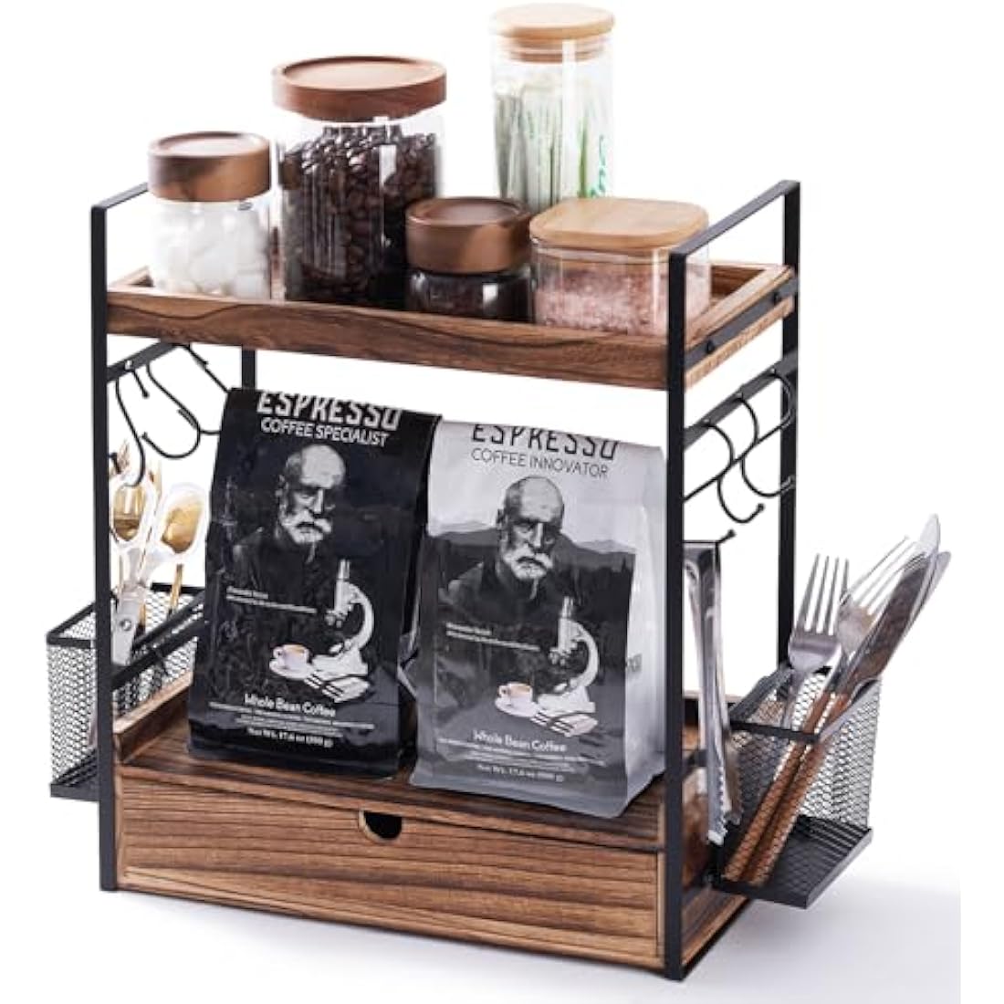 3-Tier Coffee Station Organizer with Slide Out Drawer, 2 Metal Baskets & 6 Hooks, Bathroom Organiser, Mug Storage for Home, Office, Wooden Desk Organiser, Kitchen Shelf Organiser for Countertop