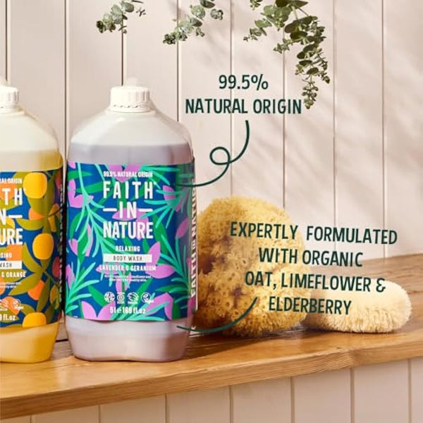 Faith In Nature Natural Lavender & Geranium Body Wash, Relaxing Shower Gel, Vegan & Cruelty Free, No SLS or Parabens, 5L Refill Pack